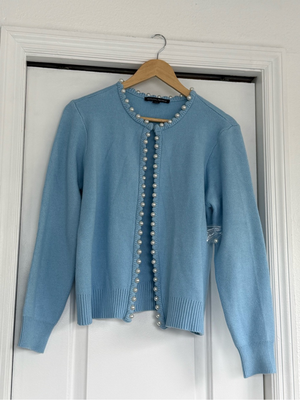 Boston Proper Light Blue Pearl-Trim Cardigan New